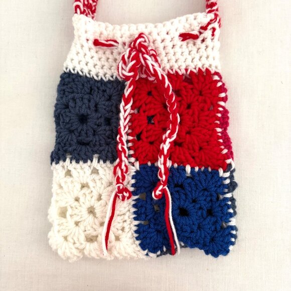 Handmade Crochet Small Shoulder Bag Granny Square Red White Blue Drawstring Tote - Picture 2 of 8